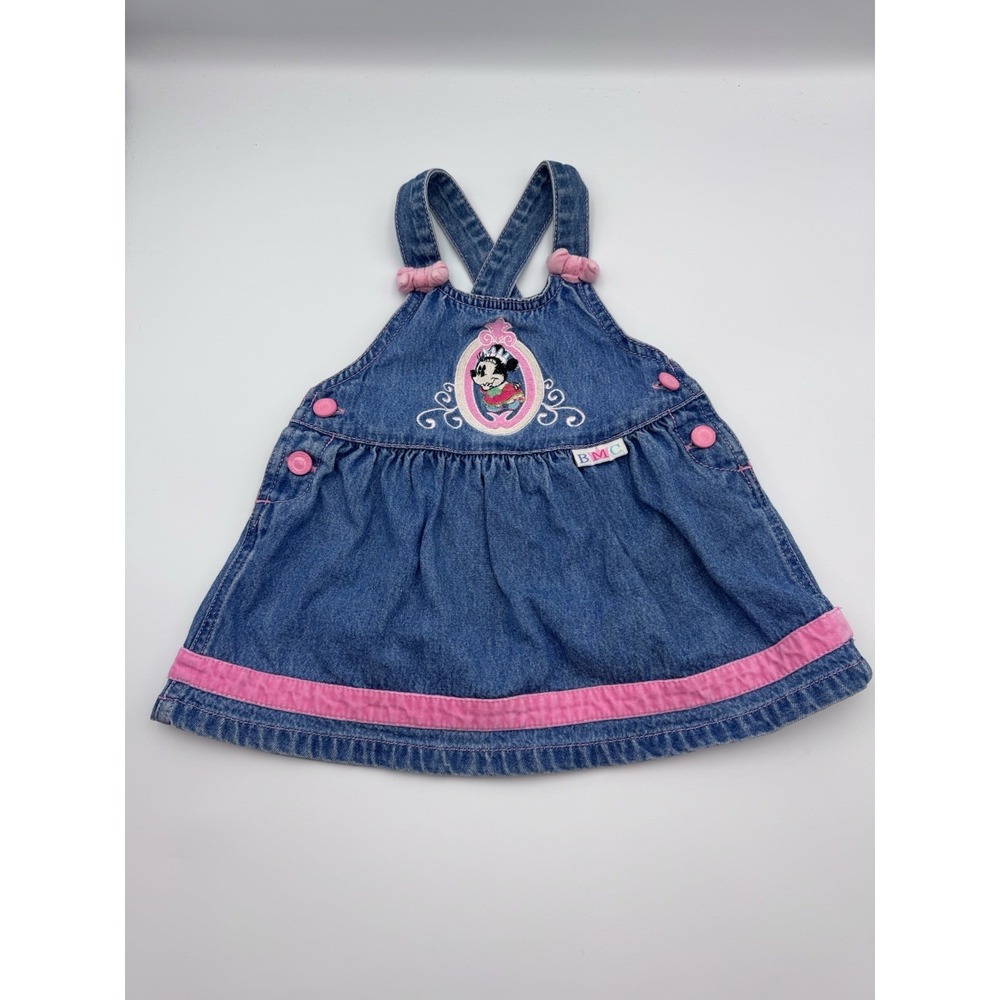 Vintage Disney Baby 6/9m Embroidered Mini Mouse Denim Jumper Dress Adjustable